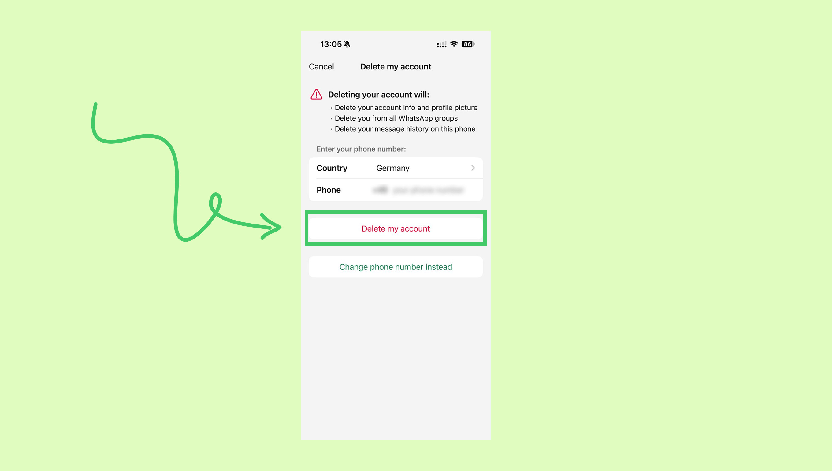 Screen displaying account deletion warning and phone number input for confirmation.